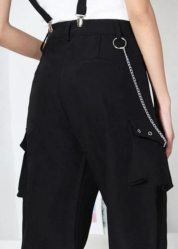 Art Black High Waist Pockets Carpenter Pants