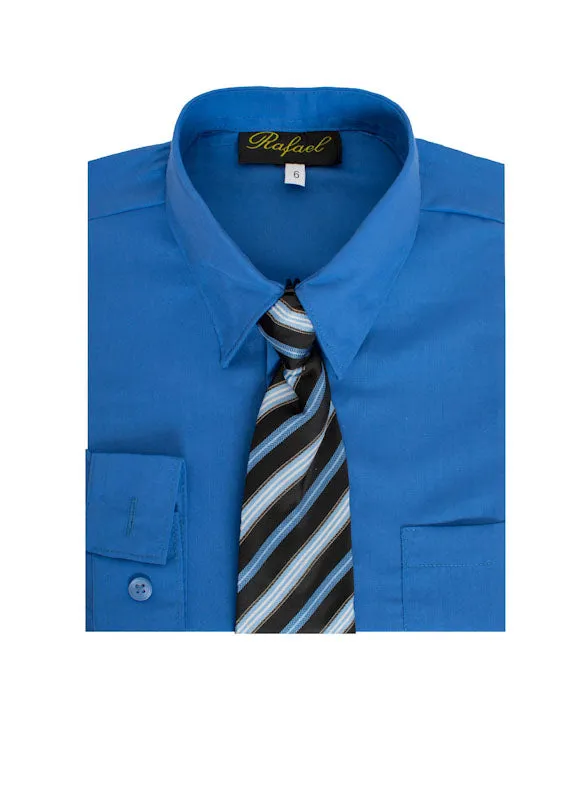 Boys Solid Long Sleeve Dress Shirt With Tie -Azure Blue