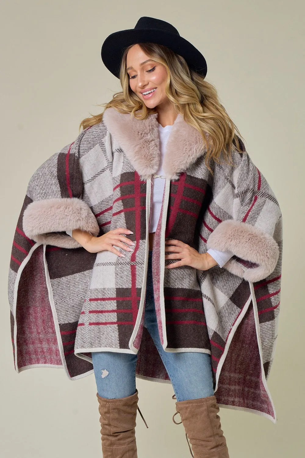 Brown/Red Plaid Pattern Faux Fur Trim Shawl Coat