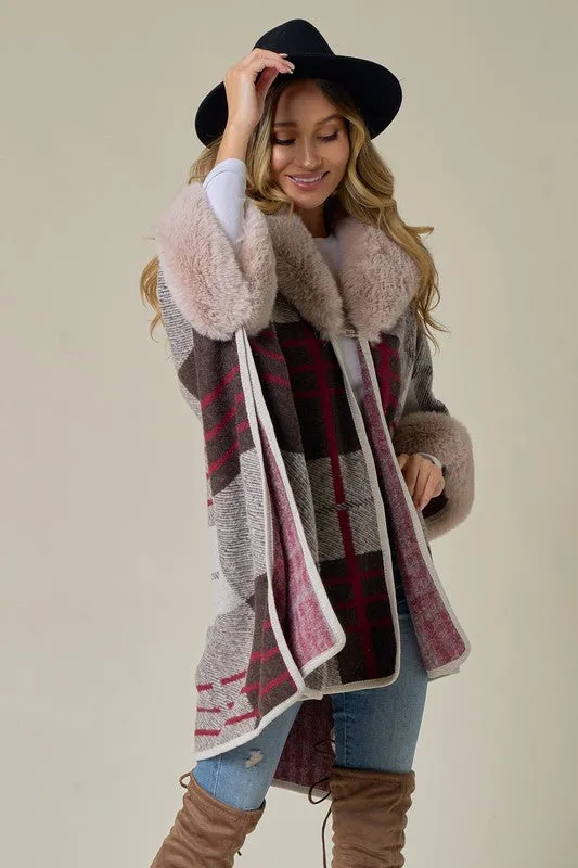 Brown/Red Plaid Pattern Faux Fur Trim Shawl Coat