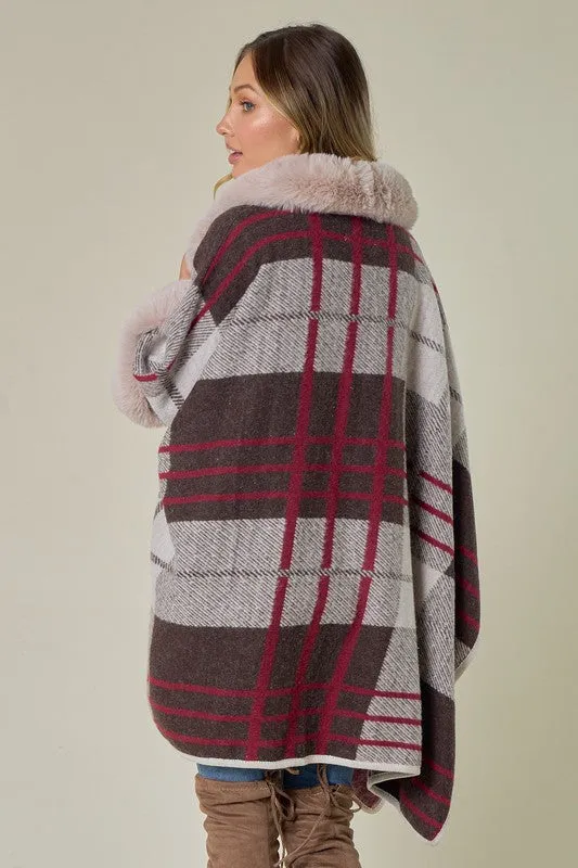 Brown/Red Plaid Pattern Faux Fur Trim Shawl Coat