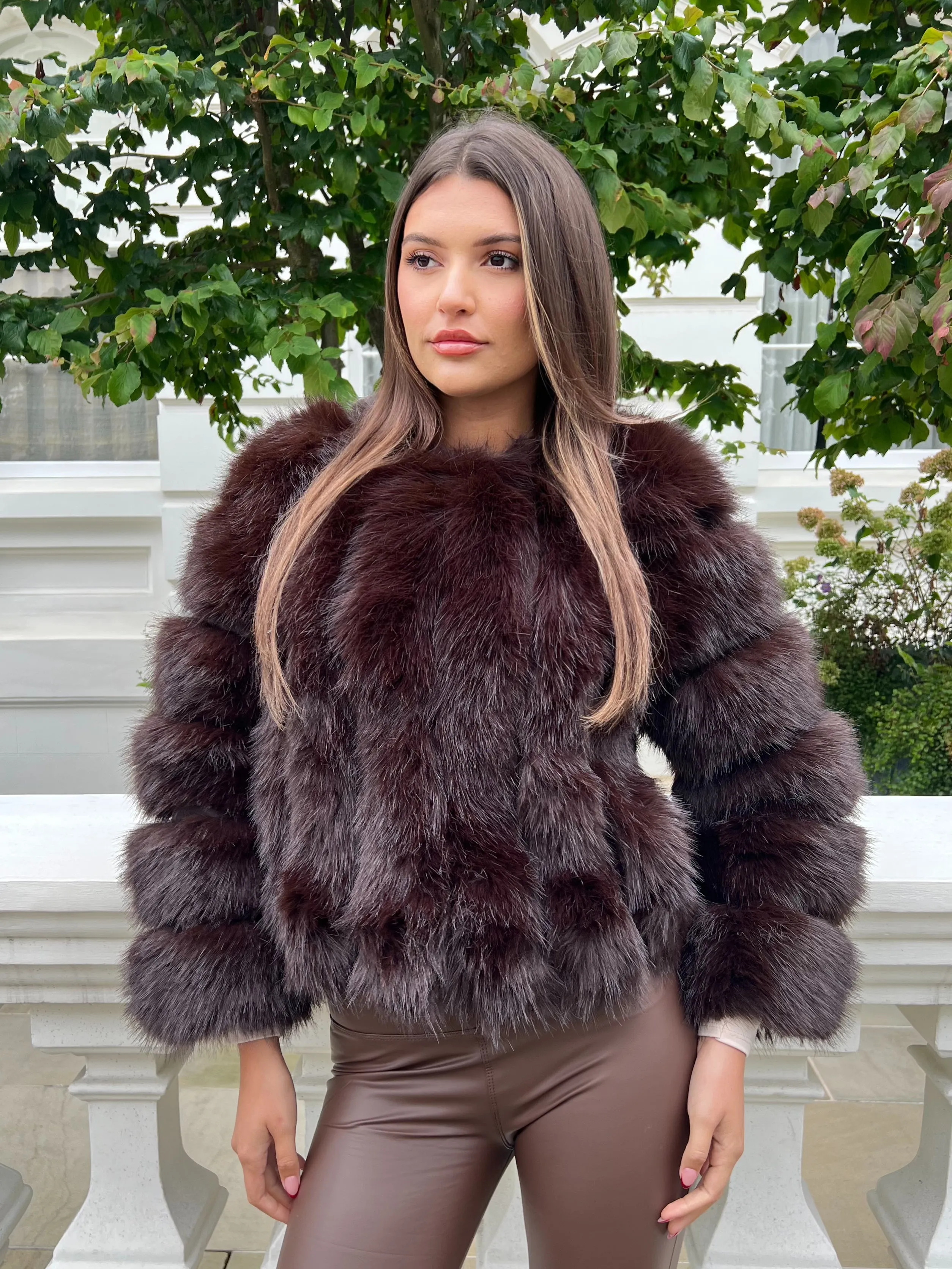 Chocolate Vertical Design Faux Fur Coat