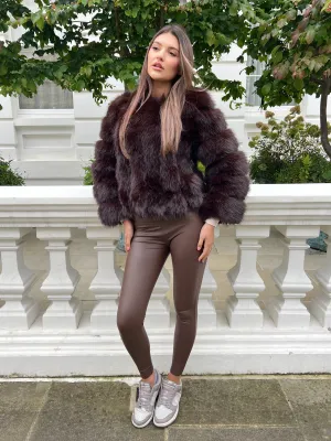 Chocolate Vertical Design Faux Fur Coat