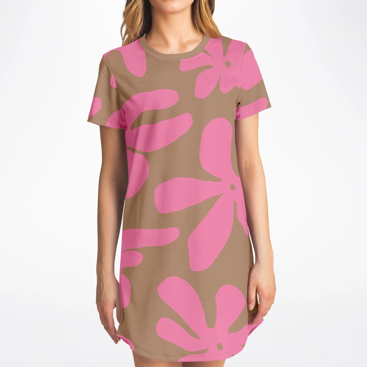 Deep Pink Abstract Flowers T-Shirt Dress