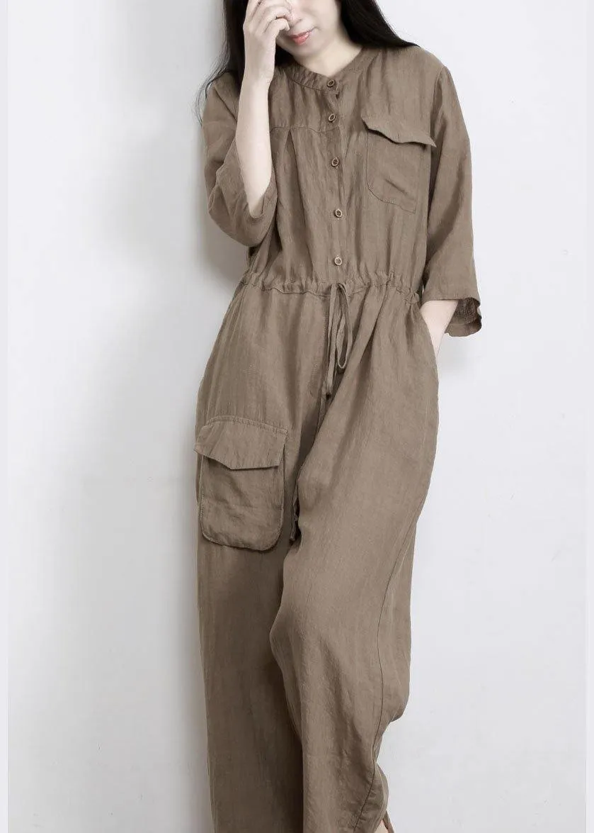 Elegant Chocolate Pockets Wide Leg Fall Linen Jumpsuit Pants