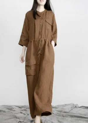 Elegant Chocolate Pockets Wide Leg Fall Linen Jumpsuit Pants