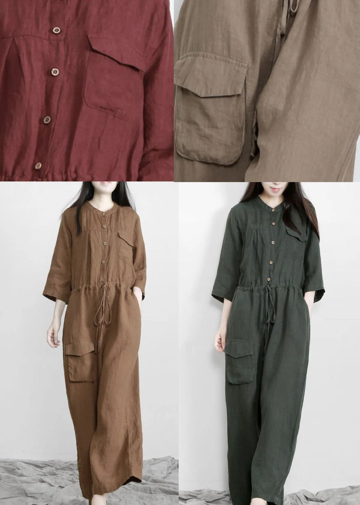 Elegant Chocolate Pockets Wide Leg Fall Linen Jumpsuit Pants