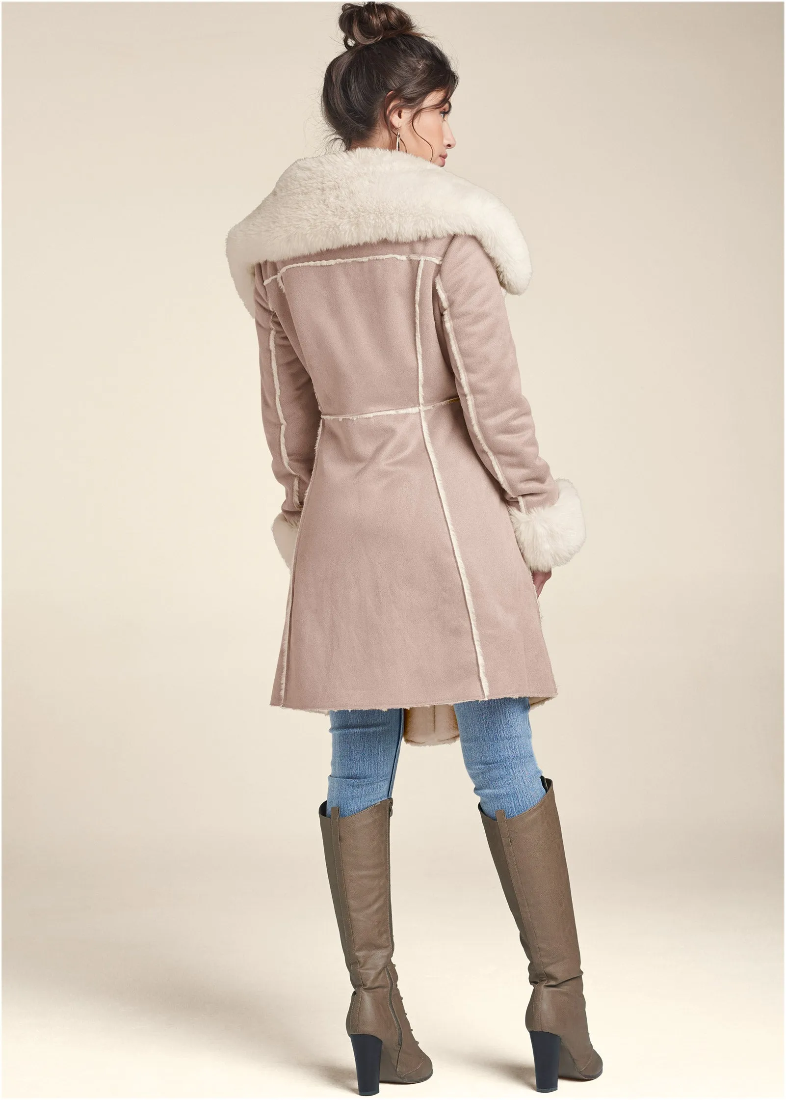 Faux-Suede-And-Fur Coat - Taupe & Off White