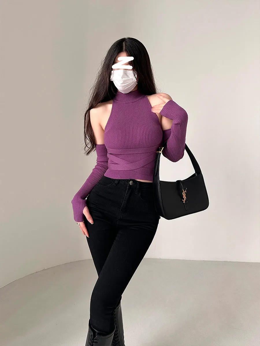 Jillian Solid Color Ribbed Slim Turtleneck Gloved Top