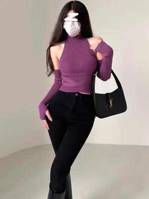 Jillian Solid Color Ribbed Slim Turtleneck Gloved Top