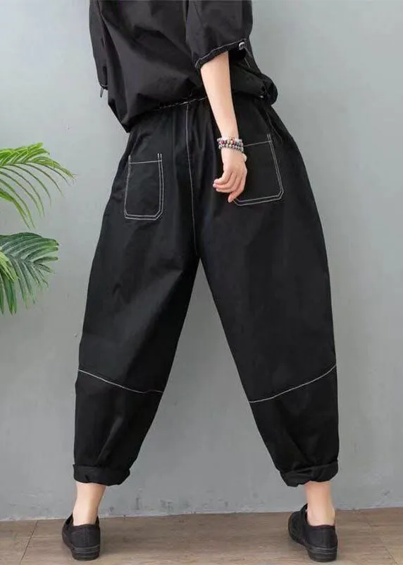 Loose Black high waist Patchwork Cotton Pants Spring