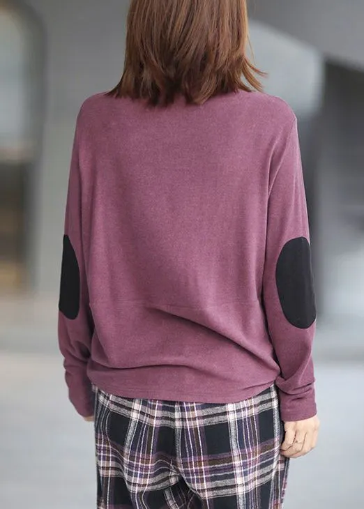 Loose Purple Turtleneck Patchwork Cotton Top Long Sleeve ML1802