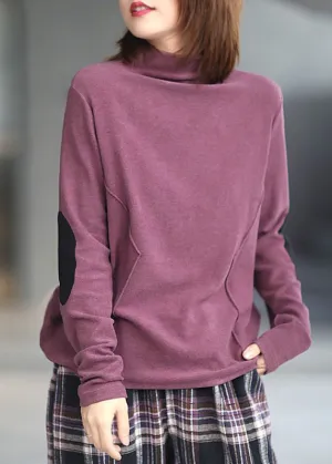 Loose Purple Turtleneck Patchwork Cotton Top Long Sleeve ML1802