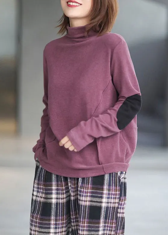 Loose Purple Turtleneck Patchwork Cotton Top Long Sleeve ML1802