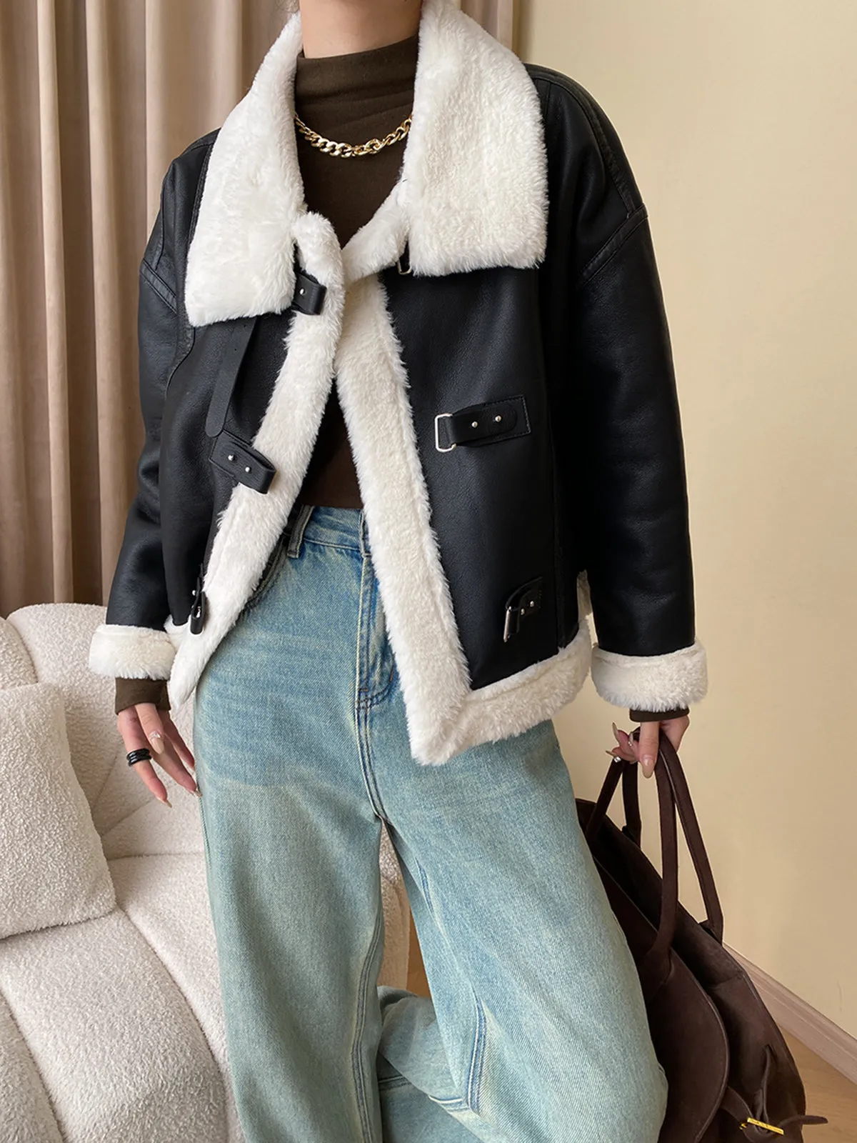 Patchwork Sherpa Lined Trendy Shearling Leather Jacket