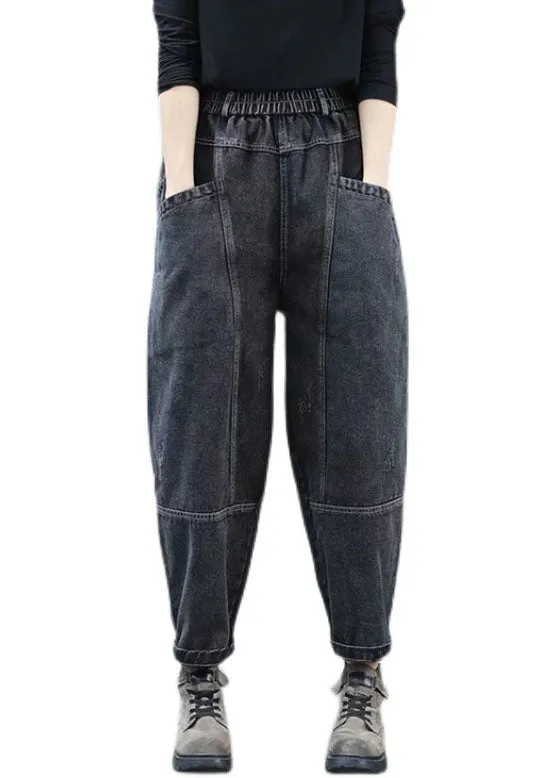 Plus Size Black high waist thick denim Pants Winter