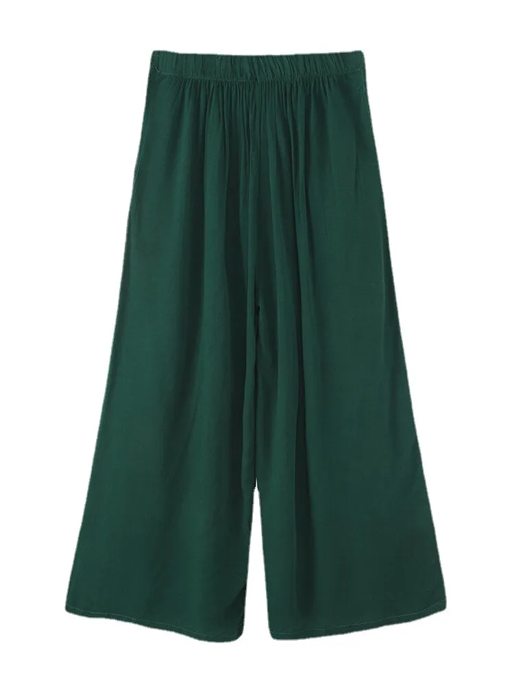 Plus Size High Elastic Waist Button Pleated Casual Wide Leg Pants For Women