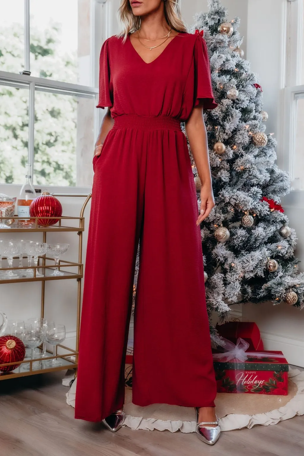 Red Smocked Wide Leg Jumpsuit