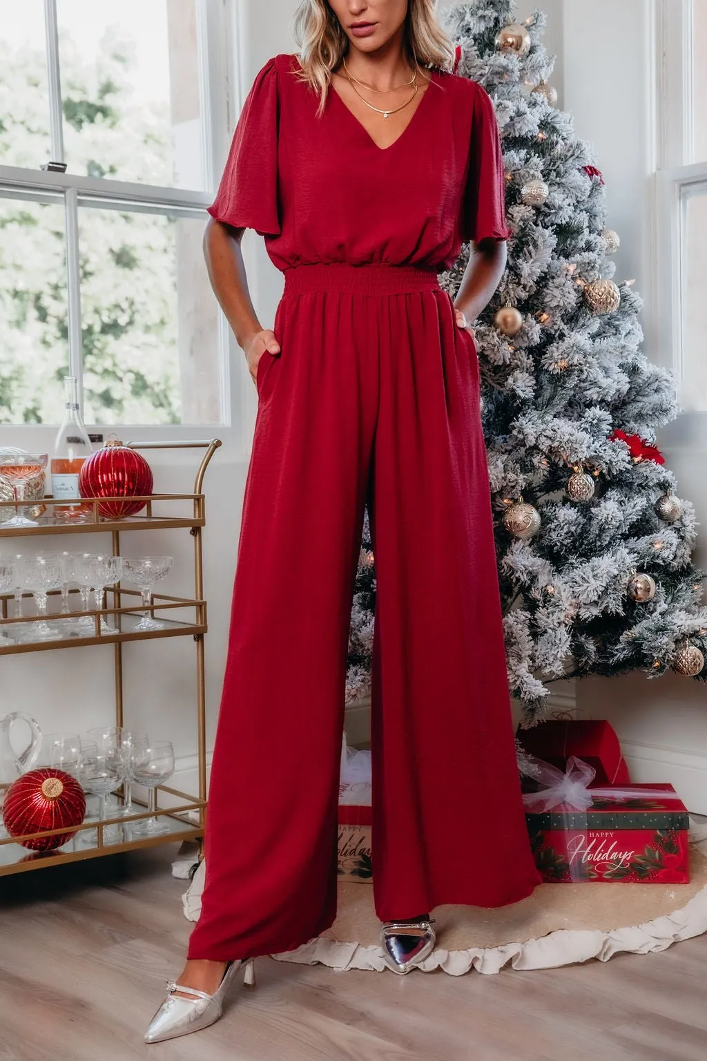 Red Smocked Wide Leg Jumpsuit