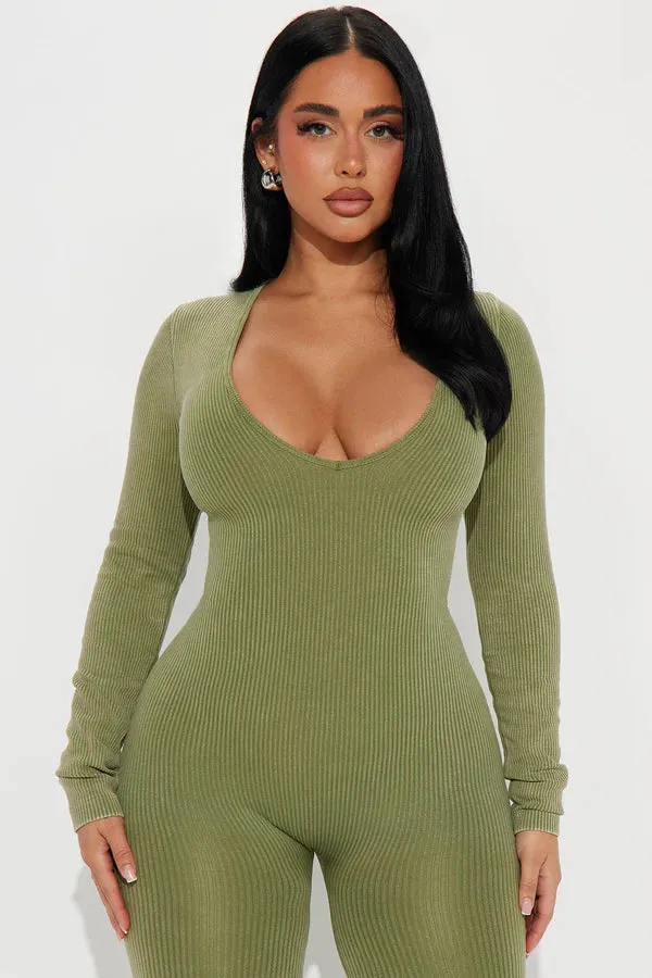 Seamless L/S V Neck Nylon Washed Jumpsuit