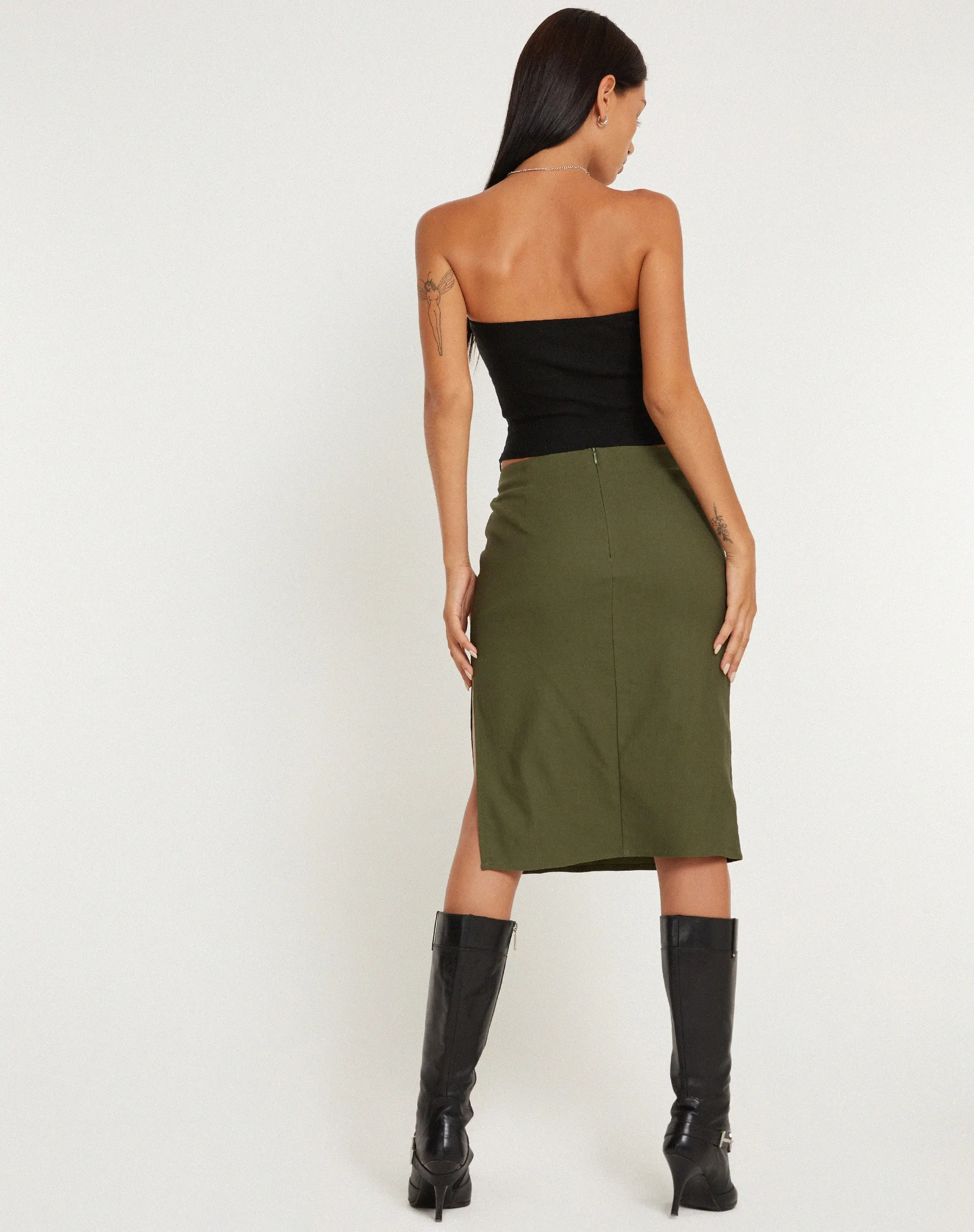 Sekoji Side Slit Midi Skirt in Khaki