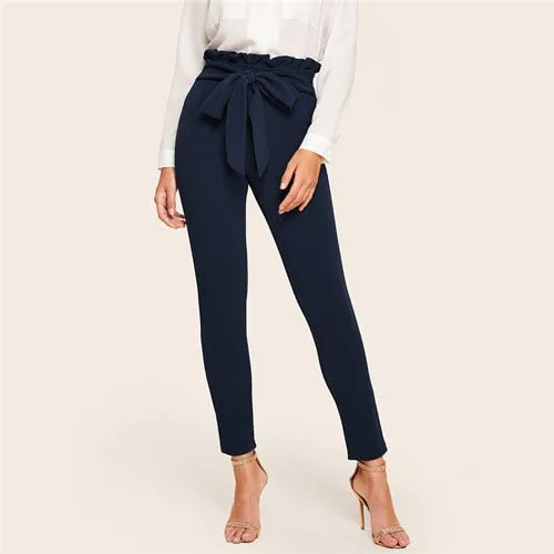 SHEIN Elegant Paperbag Waist Belted Detail Solid High Waist Pants