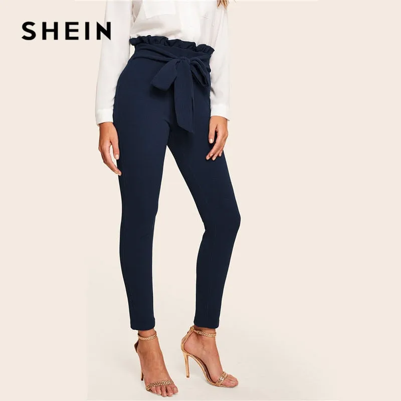 SHEIN Elegant Paperbag Waist Belted Detail Solid High Waist Pants