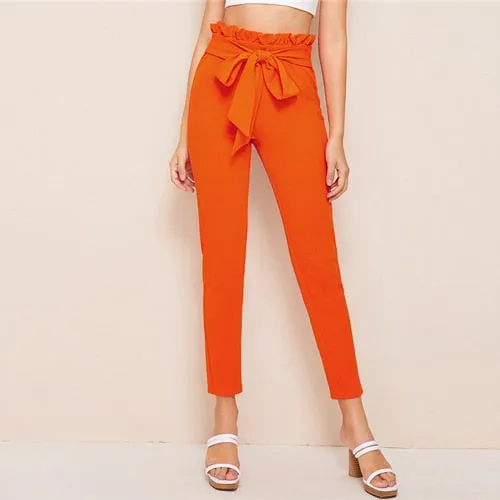 SHEIN Elegant Paperbag Waist Belted Detail Solid High Waist Pants