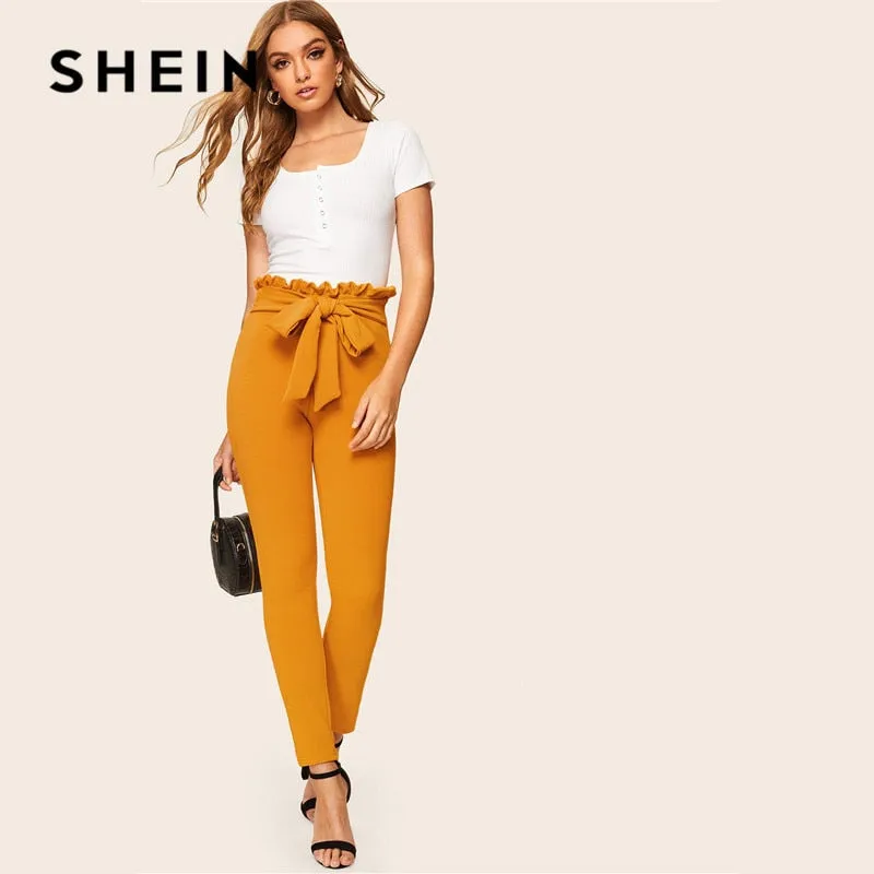 SHEIN Elegant Paperbag Waist Belted Detail Solid High Waist Pants