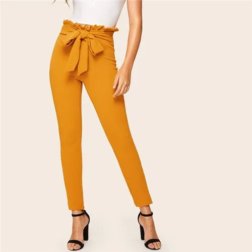 SHEIN Elegant Paperbag Waist Belted Detail Solid High Waist Pants