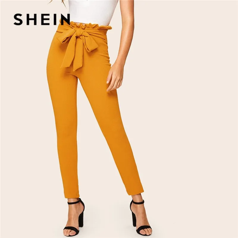 SHEIN Elegant Paperbag Waist Belted Detail Solid High Waist Pants