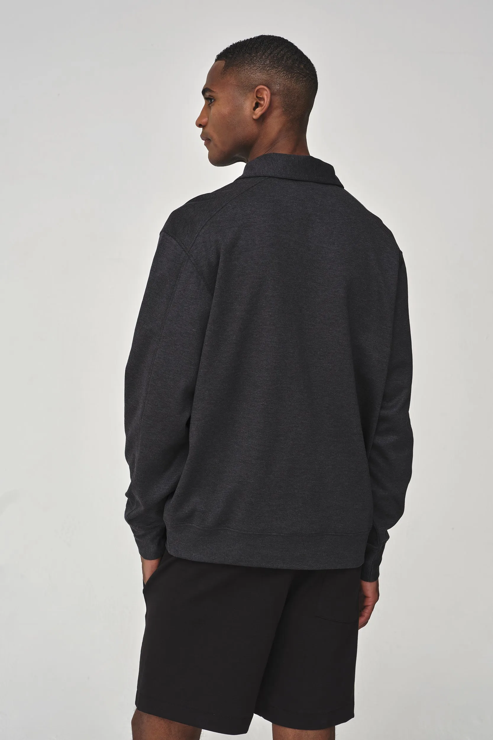 Silk Blend Polo Zip Sweater | Grey