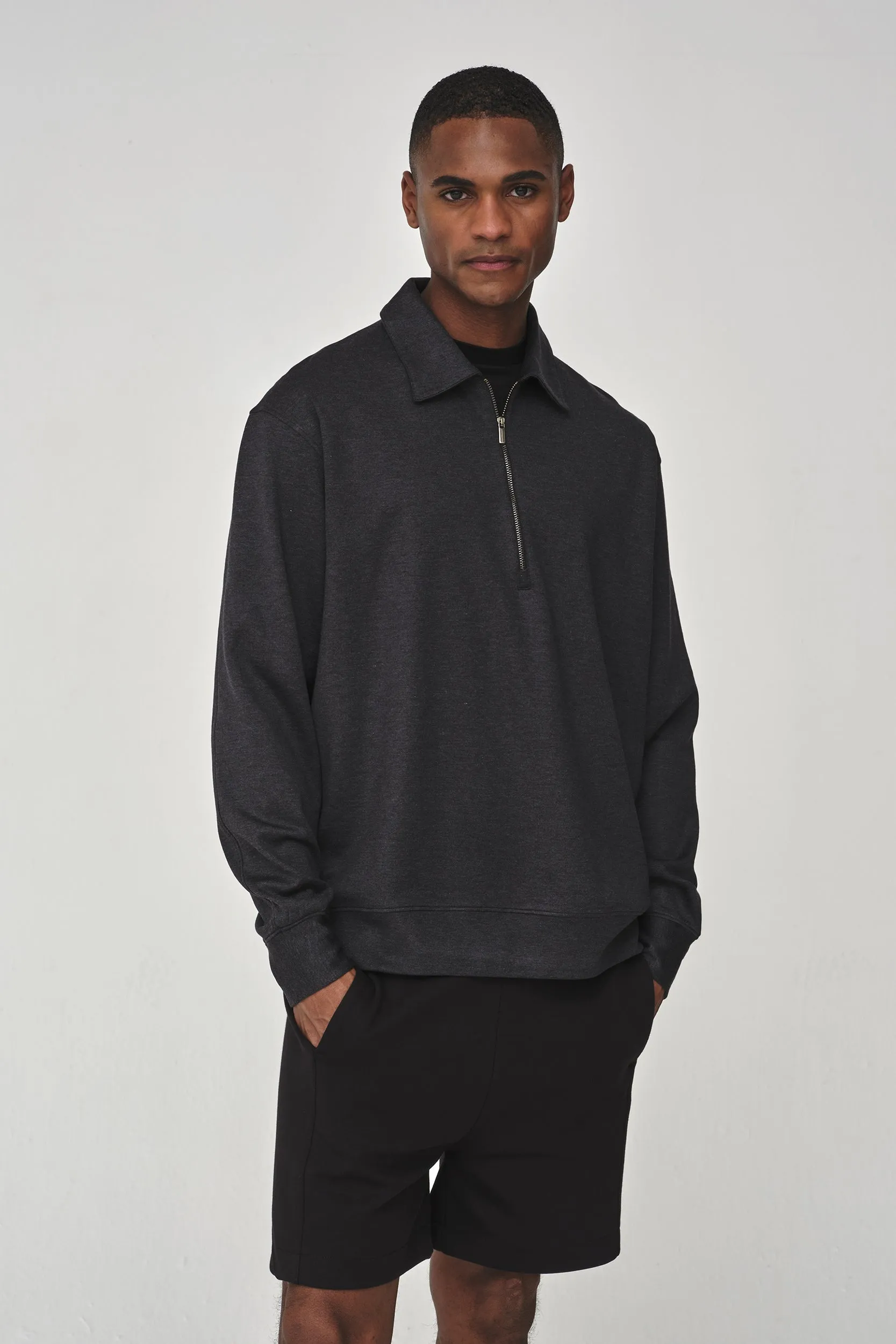 Silk Blend Polo Zip Sweater | Grey