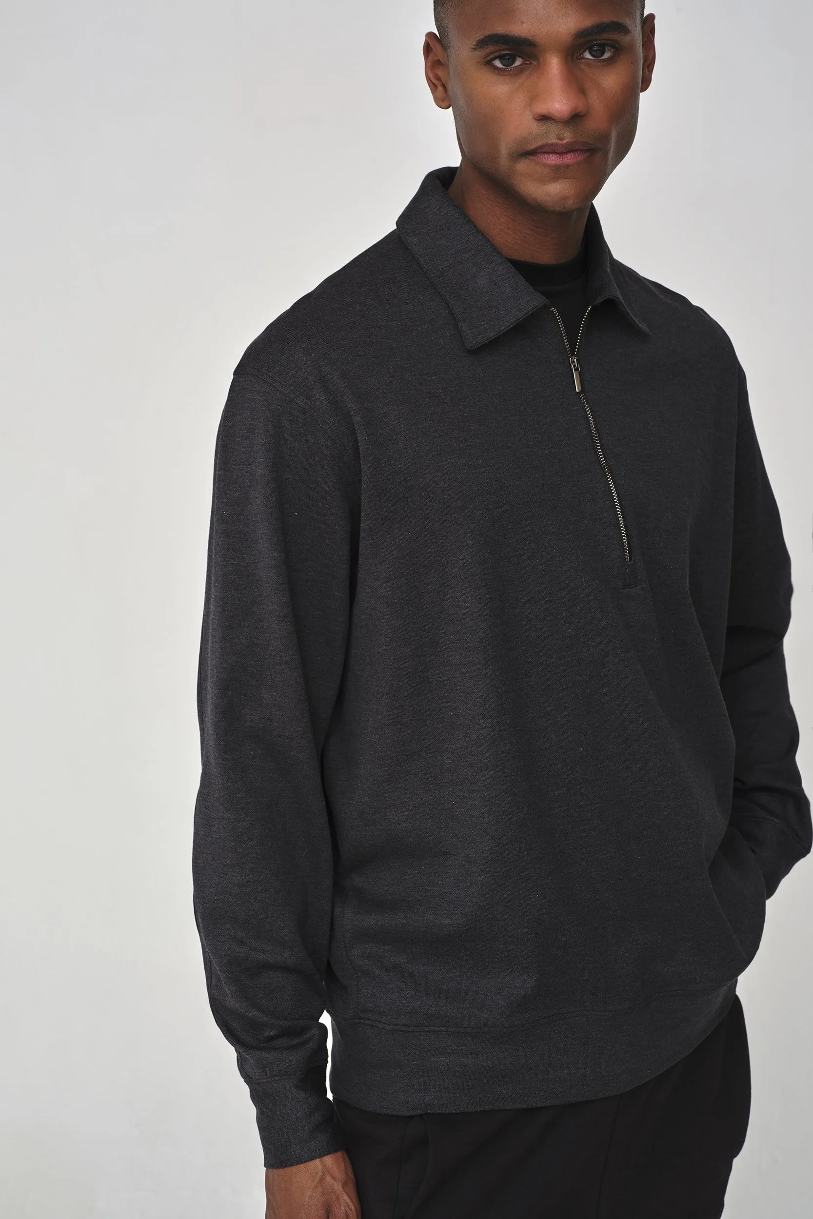 Silk Blend Polo Zip Sweater | Grey