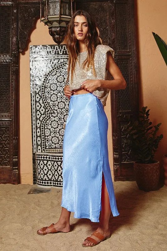 Sky Blue Solid Satin Midi Skirt