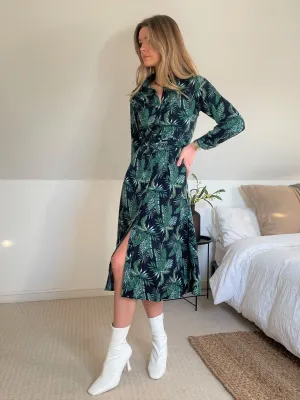 Slaytwins Dana Bamboo Print Midi Shirt Dress- Green