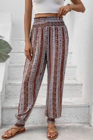 Smocked Printed High Waist Pants