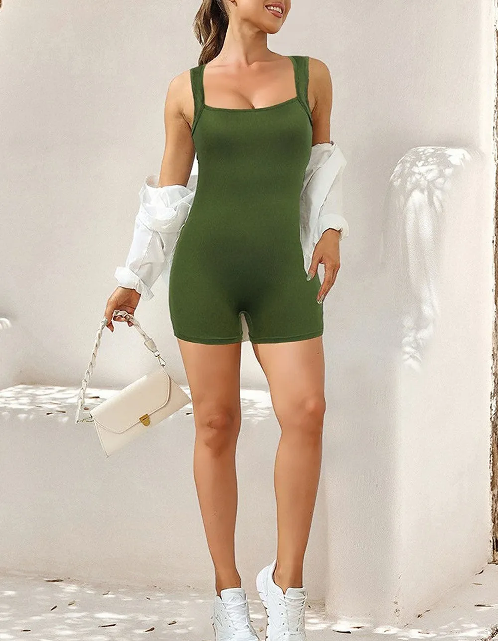 Solid-color High-Waisted Skinny Strap Short Jumpsuit