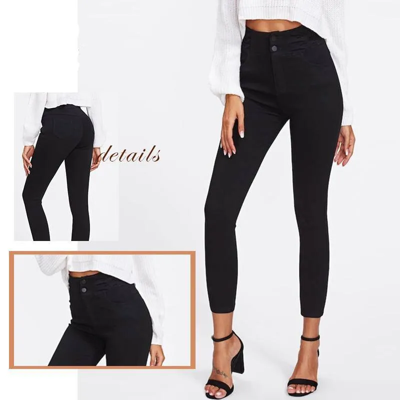 Spring Stylish Women's High Waist Single-breasted Skinny Pant Black