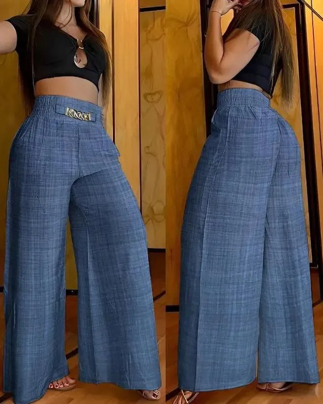 Stylish Chain Decor Wide Leg Pants | Comfortable High Waist Long Pants for Women