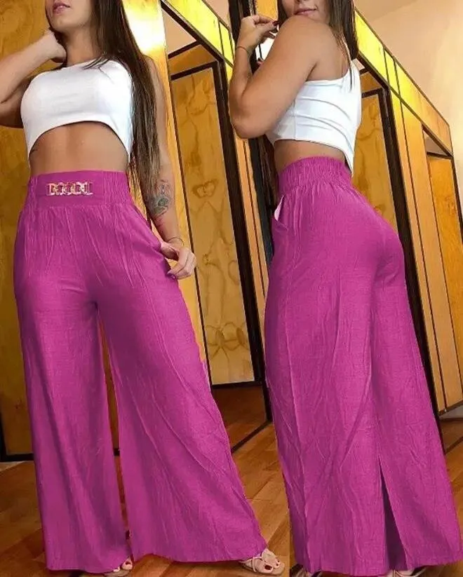 Stylish Chain Decor Wide Leg Pants | Comfortable High Waist Long Pants for Women