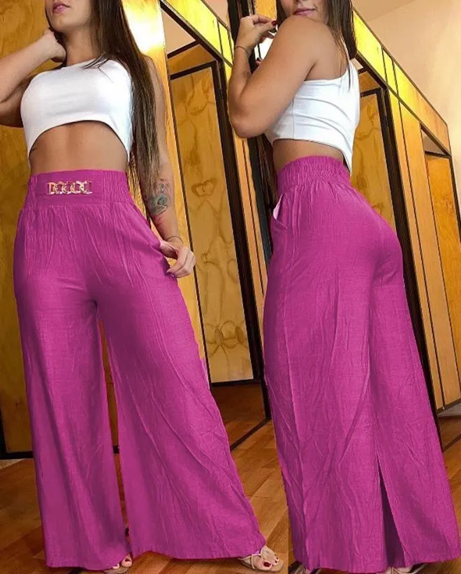 Stylish Chain Decor Wide Leg Pants | Comfortable High Waist Long Pants for Women