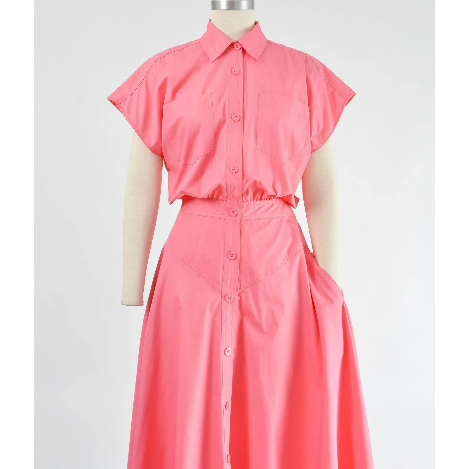 Vintage 80s Pink Shirt Dress Cap Sleeve Collared Button Front Full Midi Skirt with Pockets size S M