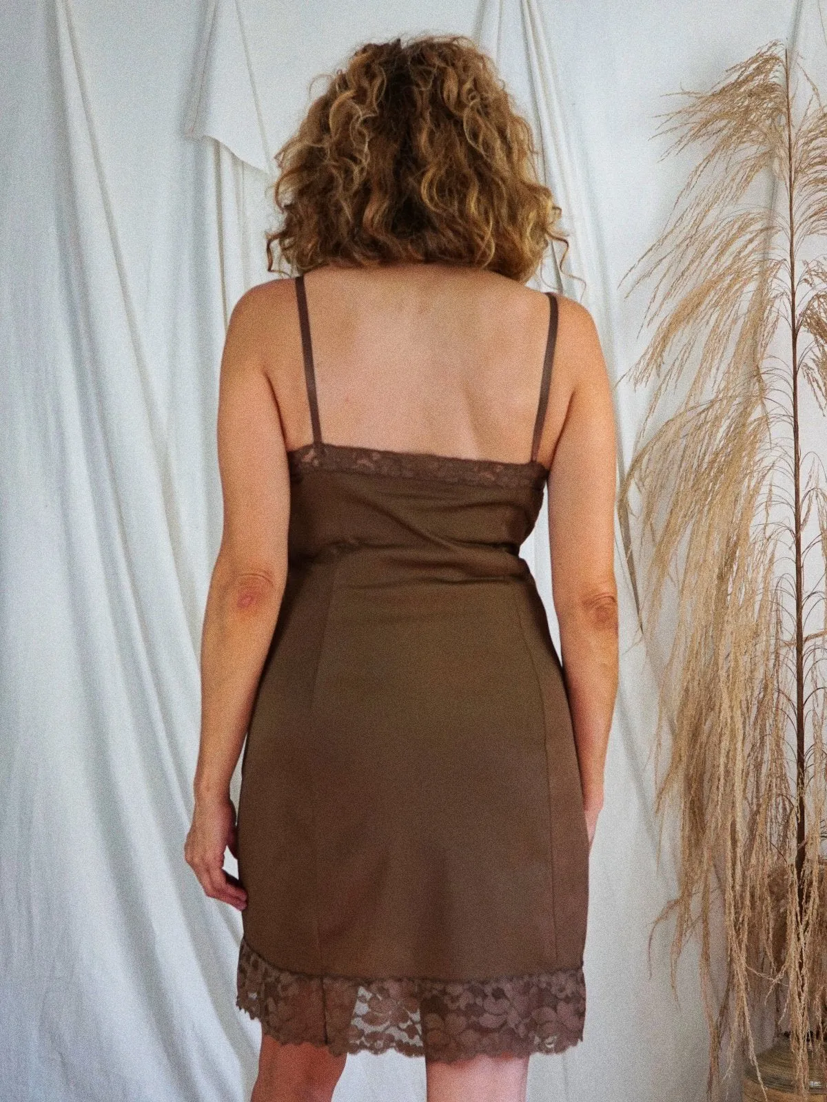 Vintage Carob Brown Lace Slip Dress