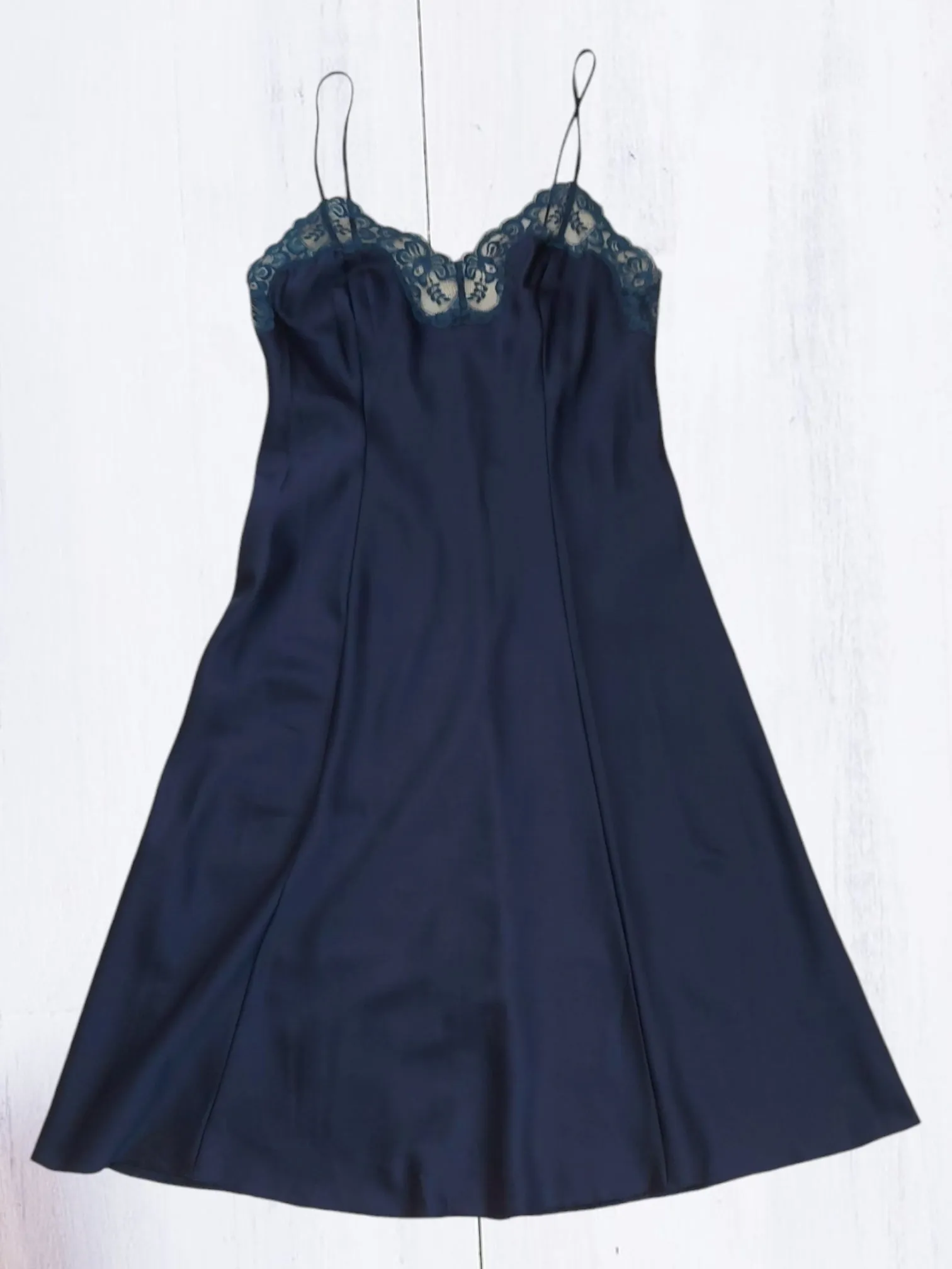 Vintage Navy 1960s St Michaels Satin Slip Lingerie Dress UK 12