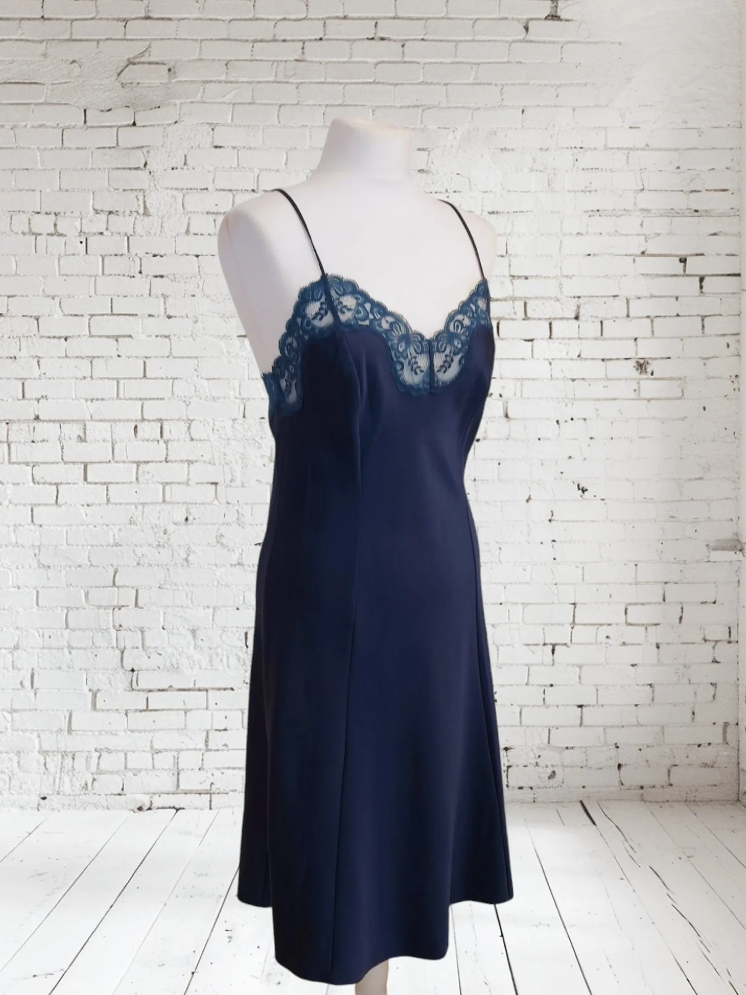 Vintage Navy 1960s St Michaels Satin Slip Lingerie Dress UK 12