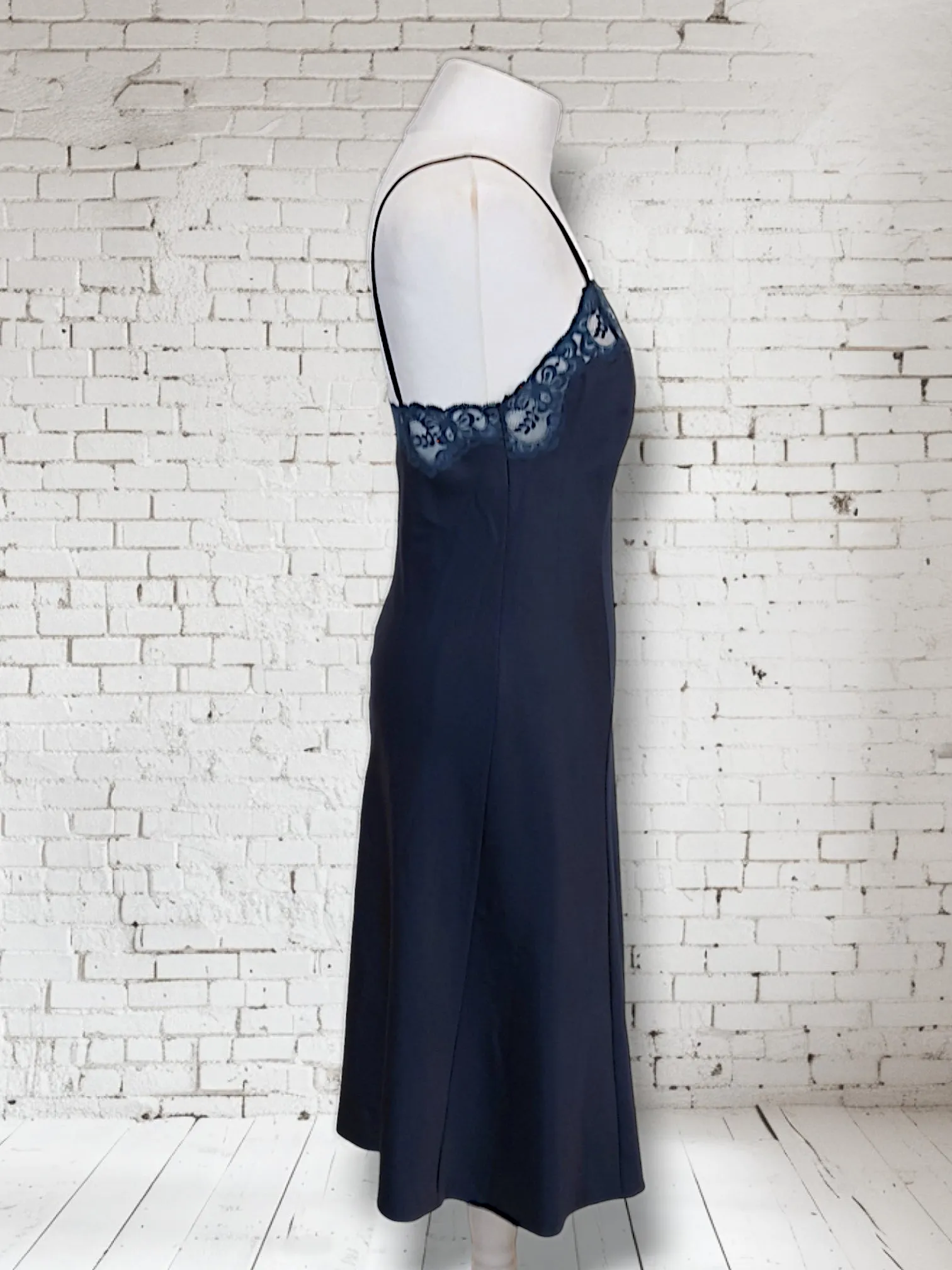 Vintage Navy 1960s St Michaels Satin Slip Lingerie Dress UK 12