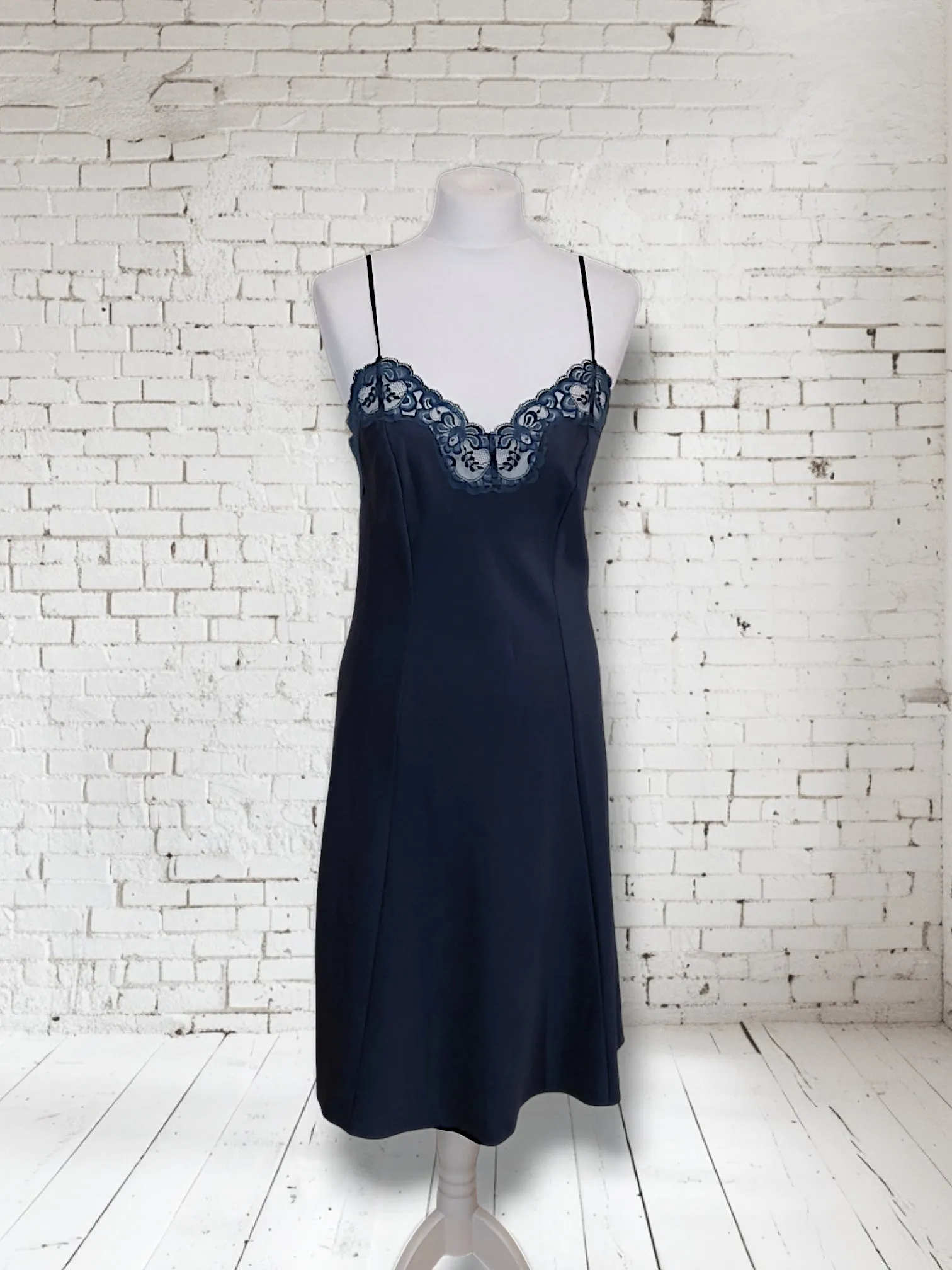 Vintage Navy 1960s St Michaels Satin Slip Lingerie Dress UK 12