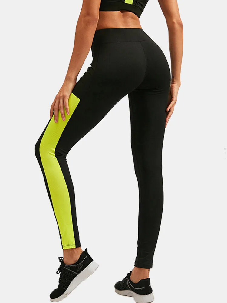 Women Contrast Color Quick Dry Moisture Wicking Pocket Sport High Waist Pants