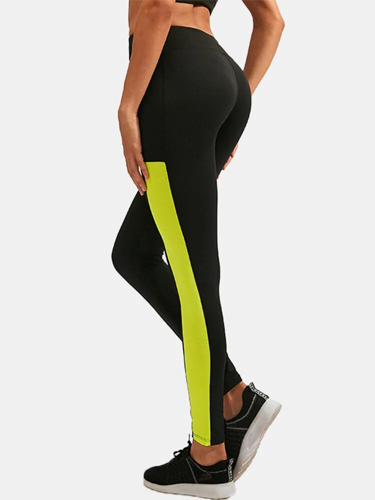 Women Contrast Color Quick Dry Moisture Wicking Pocket Sport High Waist Pants